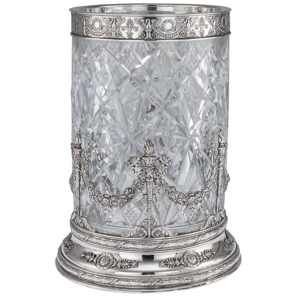 20th Century Russian Empire Solid Silver & Cut Glass Vase Khlebnikov, circa 1910
