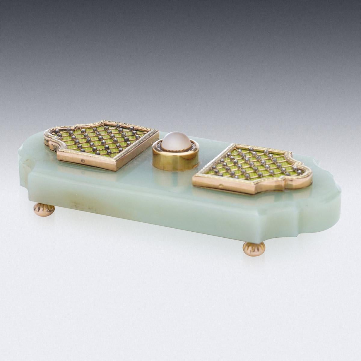 20th Century Imperial Russian gold & guilloche enamel on bowenite bell-push, of shaped rectangular form, set with shaped gold laurel leaf-tip panels decorated with translucent pale green enamel over hatched engine-turned ground, within a diamond set
