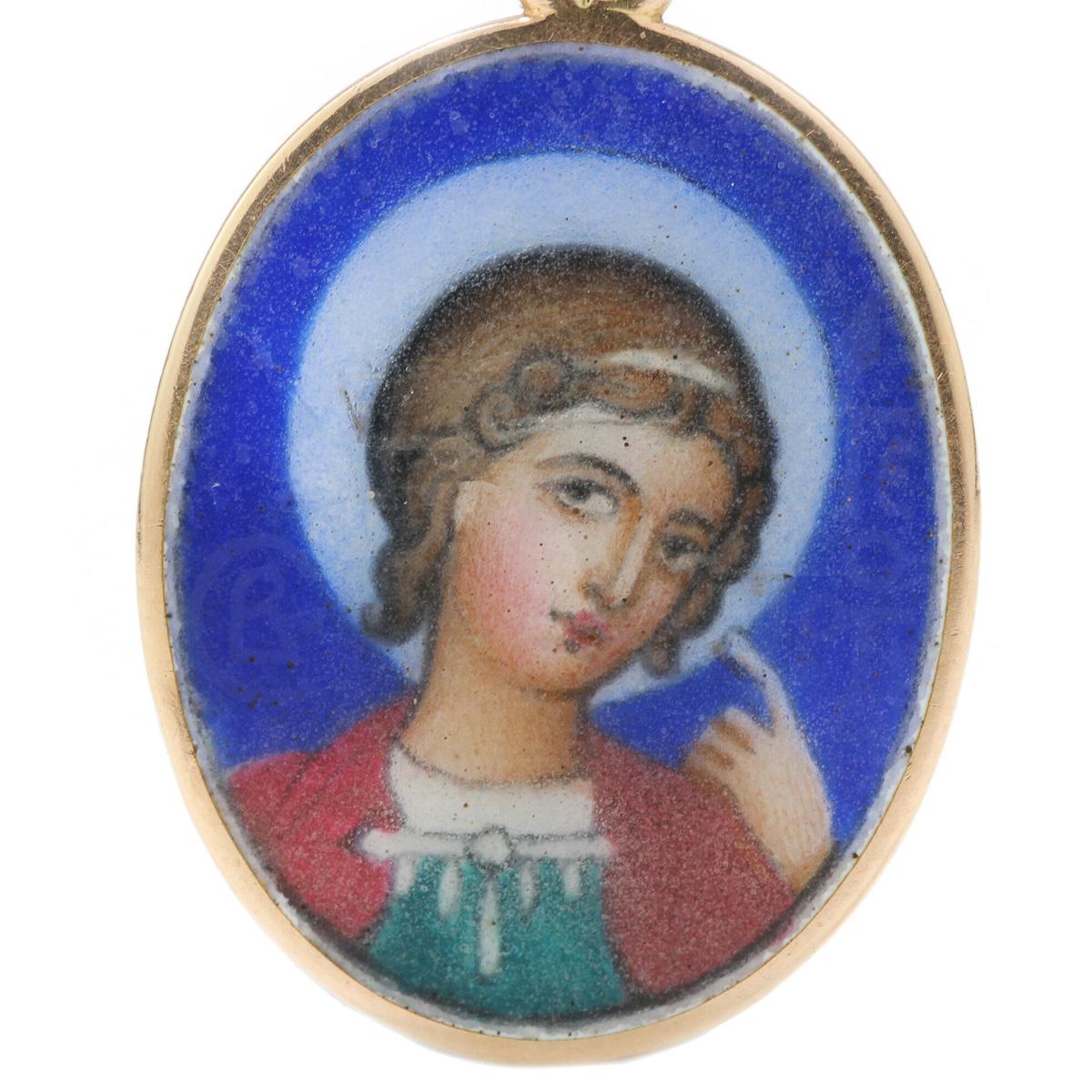 Antique early-20th century Imperial Russian Fabergé hand painted enamel on gold pendant of St. George. One of the Fourteen Holy Helpers and one of the most prominent military saints, he is immortalized in the legend of Saint George and the Dragon.