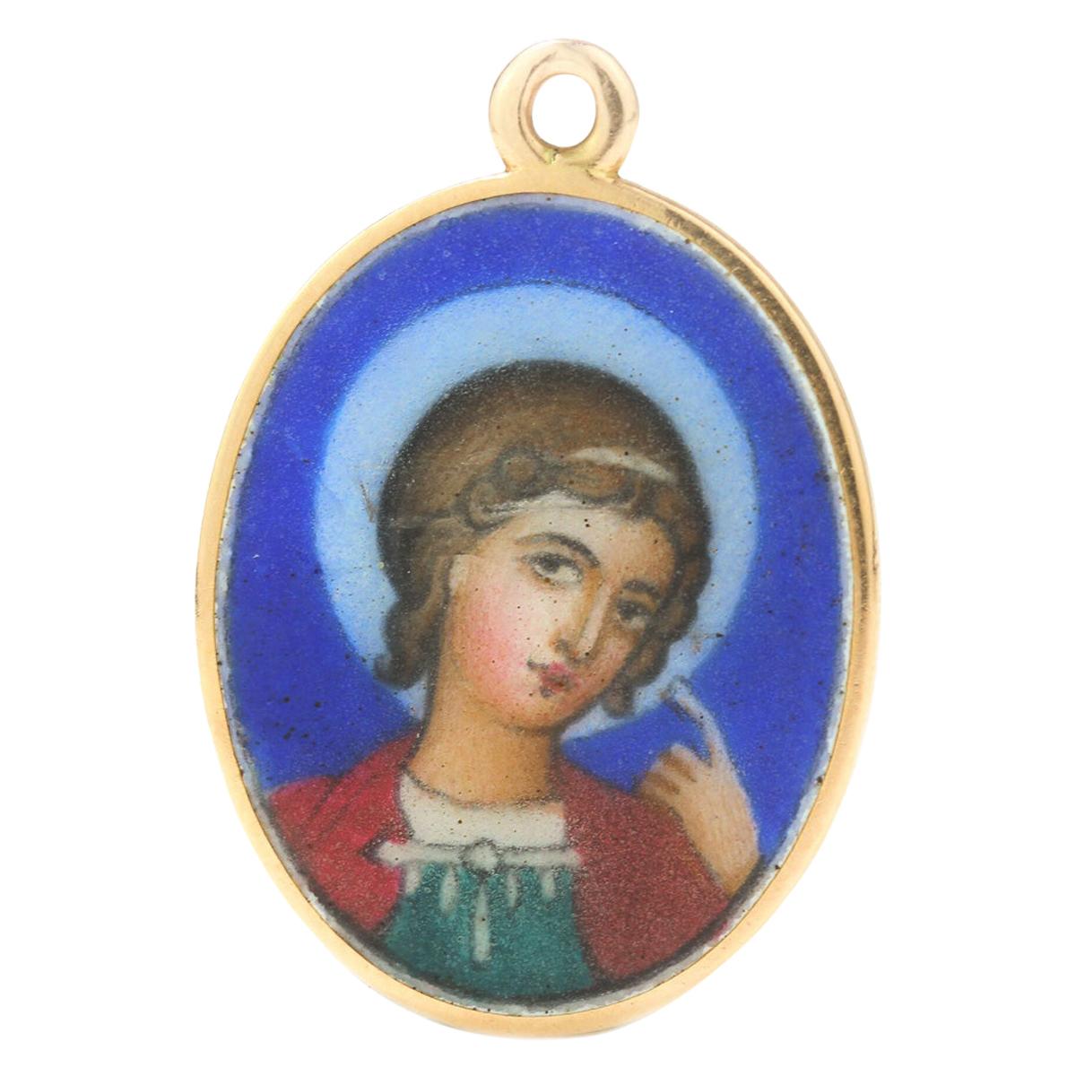 20th Century Russian Faberge Gold & Painted Enamel Saint-George Pendant, c. 1900