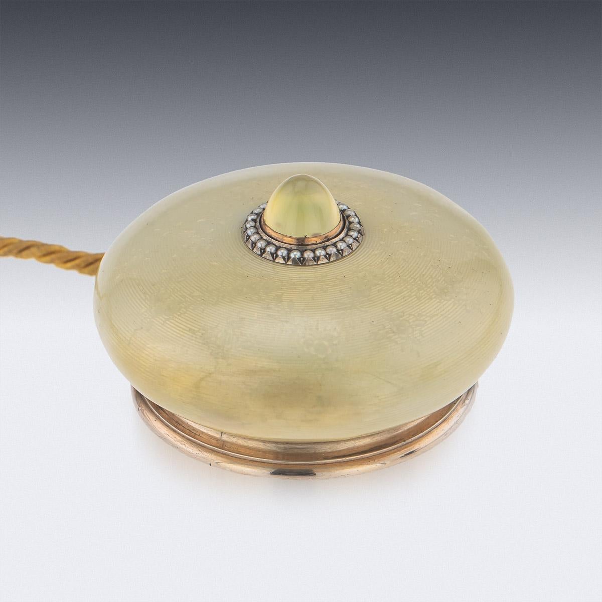 Antique early-20th Century Imperial Russian solid silver-gilt & guilloche enamel bell-push, of circular cushion form, the surface enamelled in translucent golden / white over concentric reeded engine-turning and an engraved floral motifs, the button