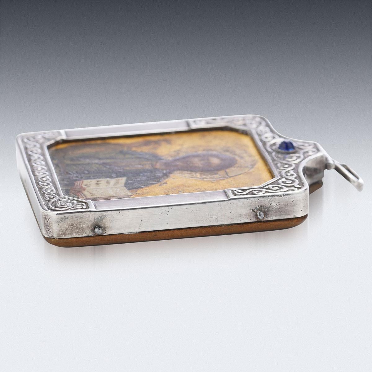 20th century Imperial Russian Fabergé silver mounted and hand painted on wood miniature icon of Christ Pantocrator.
Hallmarked with Russian silver mark 88, Moscow, Makers mark in Cyrillic for Karl Faberge.

Condition
In Great Condition - No