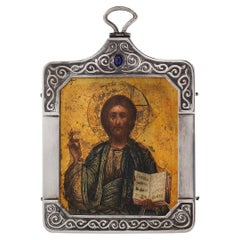 20th Century Russian Faberge Silver & Wood Miniature Icon, Moscow, c.1900