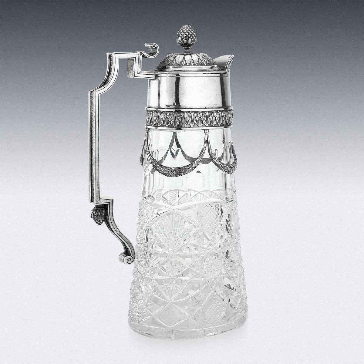 20th Century Russian Faberge Solid Silver & Cut Glass Claret Jug, c.1910 In Good Condition In Royal Tunbridge Wells, Kent