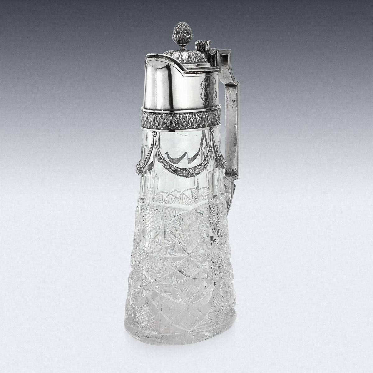 20th Century Russian Faberge Solid Silver & Cut Glass Claret Jug, c.1910 1
