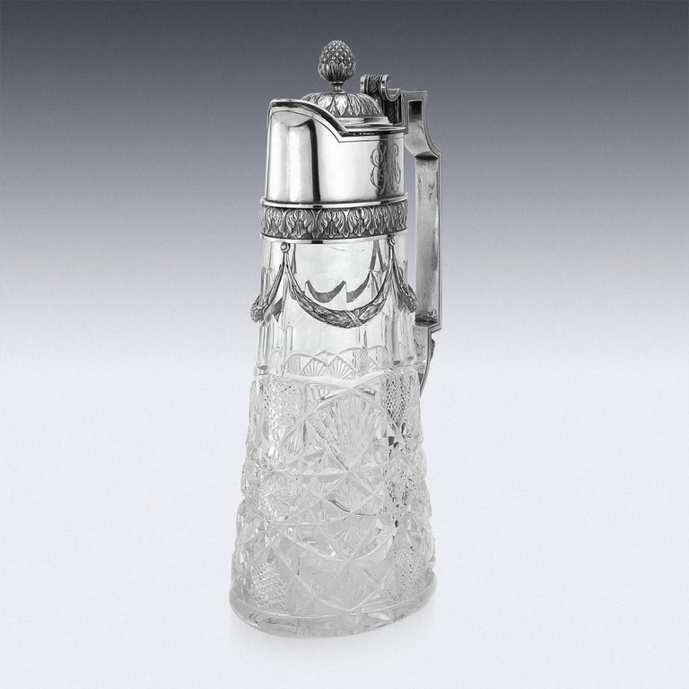 20th Century Russian Faberge Solid Silver & Cut Glass Claret Jug, c.1910 For Sale 1