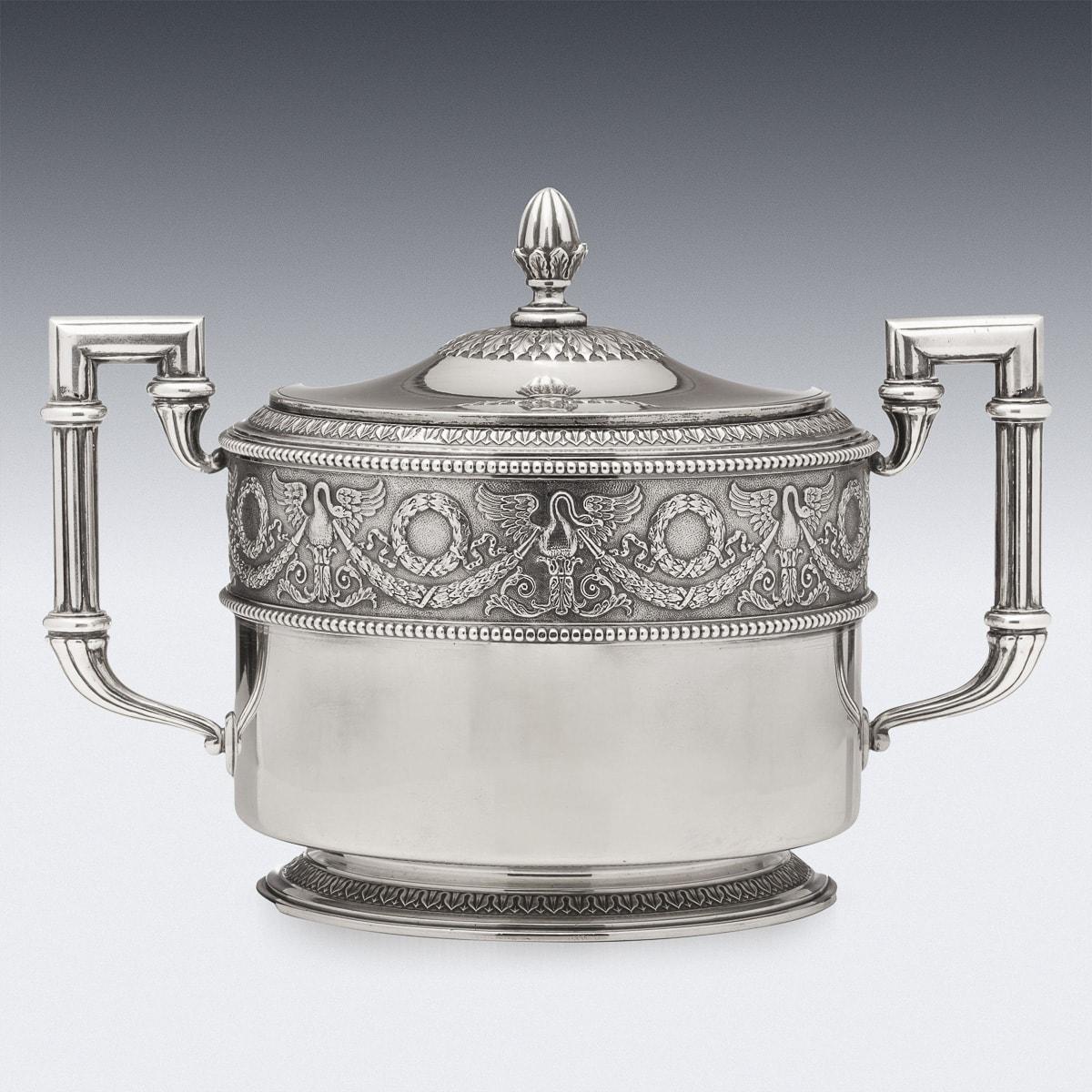 Antique early-20th Century Russian Faberge solid silver lidded sugar bowl made in Imperial style, decorated with swans, garlannds, wreaths, acanthus leaf and beaded boarders. Hallmarked silver 84 (875 standard), Moscow, c.1900, Faberge retail mark