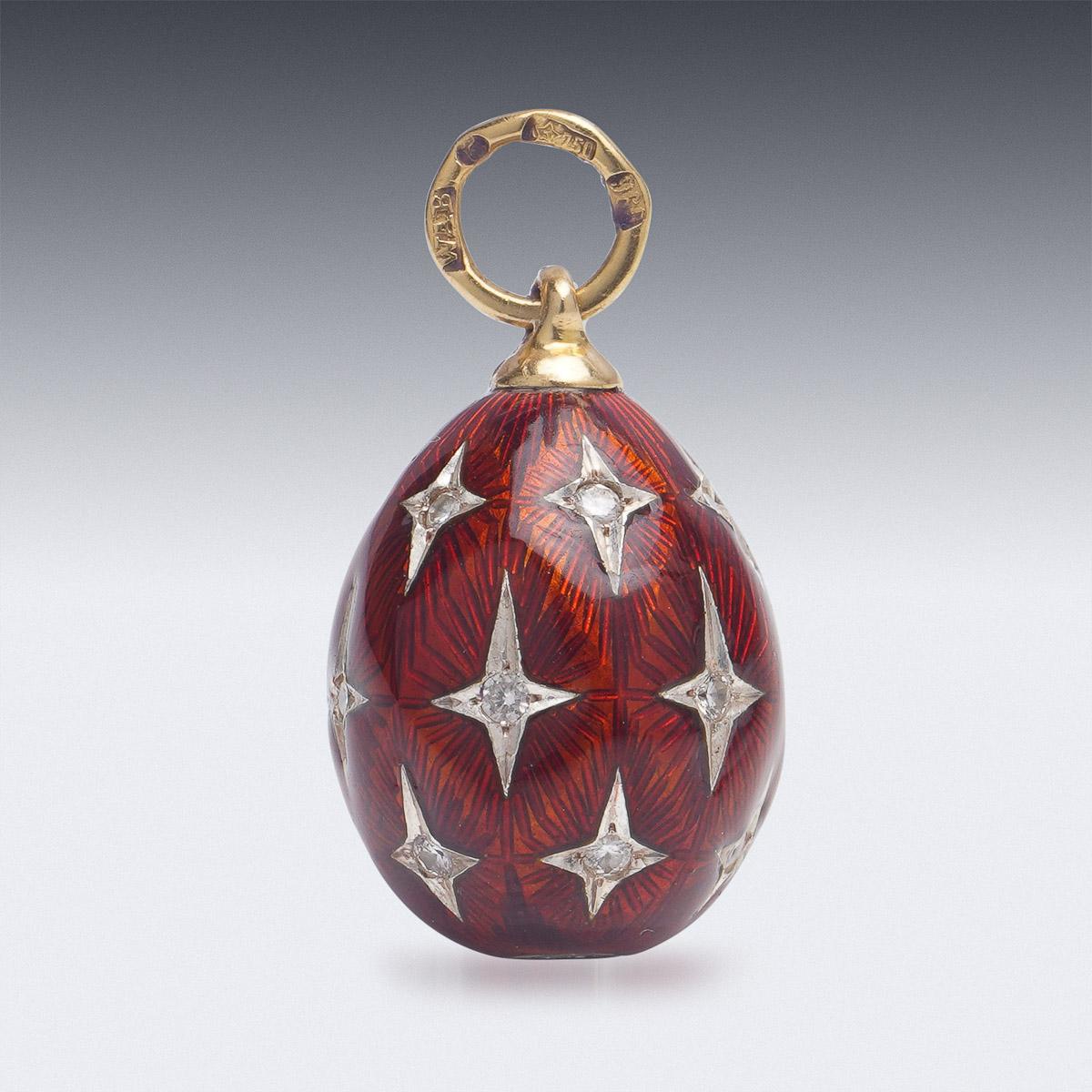 20th Century Imperial Russian jewelled gold & guilloché enamel egg pendant, enamelled in translucent red on guilloche ground and set with old cut diamonds.
Hallmarked with Russian gold mark, St-Petersburg, with later soviet gold mark (750