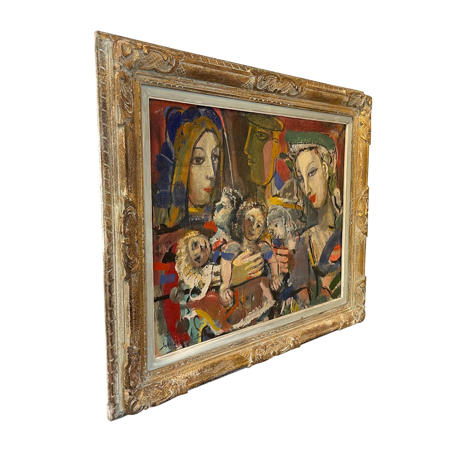 A colorful, oil on wood painting in the manner of Marc Chagall in a hand carved gilded wood frame, in good condition. The vintage 