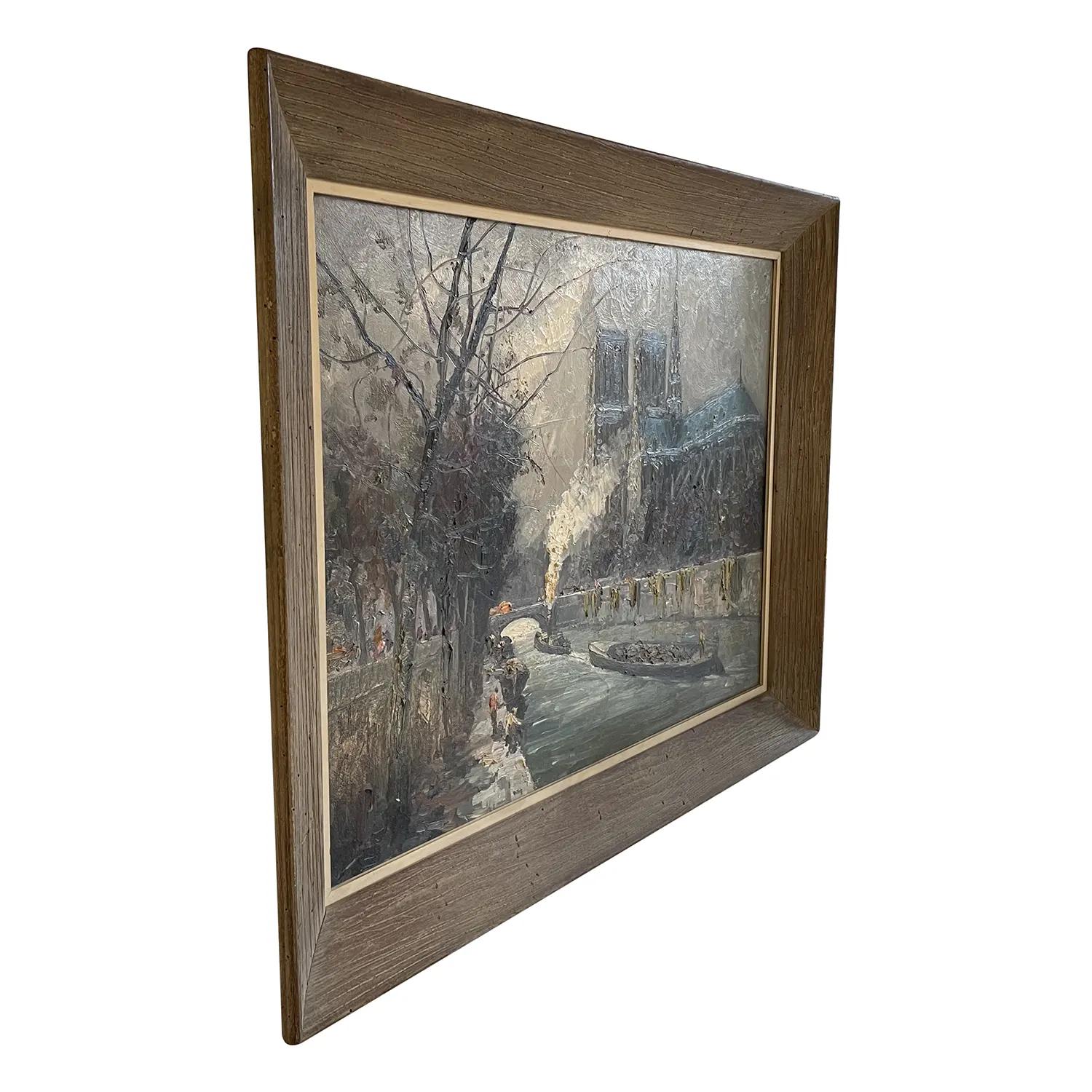A blue-grey, white vintage Russian, French oil on canvas painting, portraying a cloudy day of the Notre Dame Cathedral from across the Seine river in Paris, painted by Vladimir Volodia Lazarev in a wooden frame, in good condition. The painting