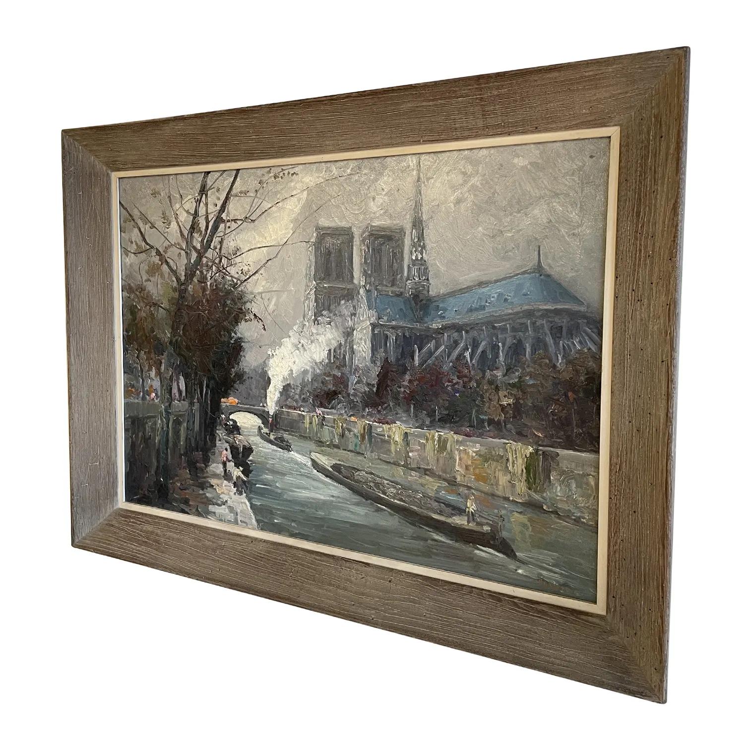 Hand-Painted 20th Century Russian Oil Painting of the Notre Dame by Vladimir Volodia Lazarev For Sale