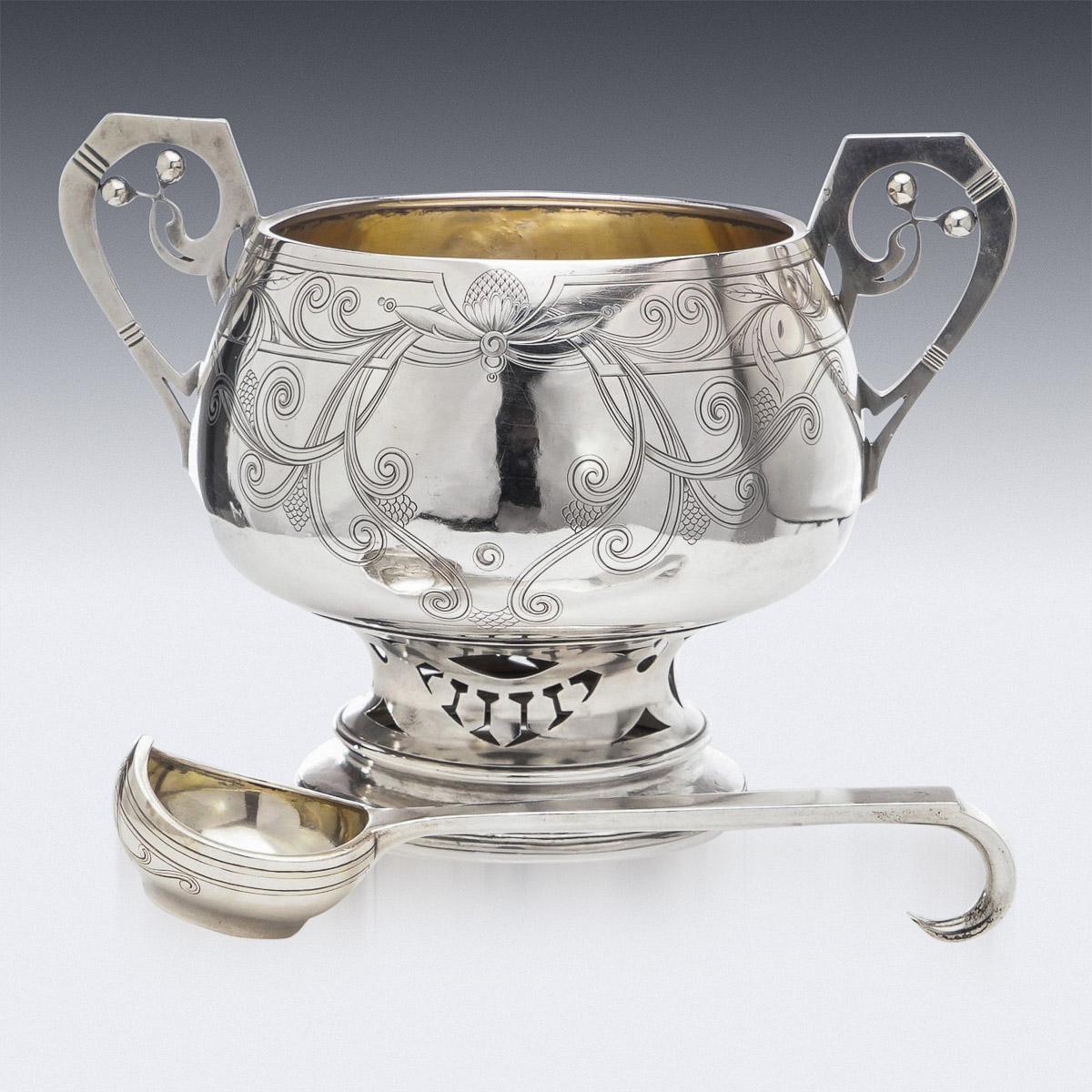 20th Century Imperial Russian Pan Slavic style silver punch bowl and ladle, body mounted with an elaborately designed Pan-Slavic handles and a wide shaped stand, richly gilt interior. Hallmarked Russian silver 84 (875 standard), Moscow, year