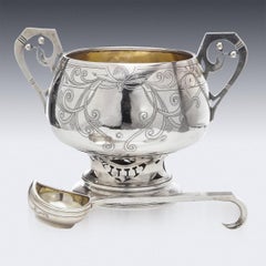 20th Century Russian Pan Slavic Solid Silver Punch Bowl & Ladle, Moscow, c.1900