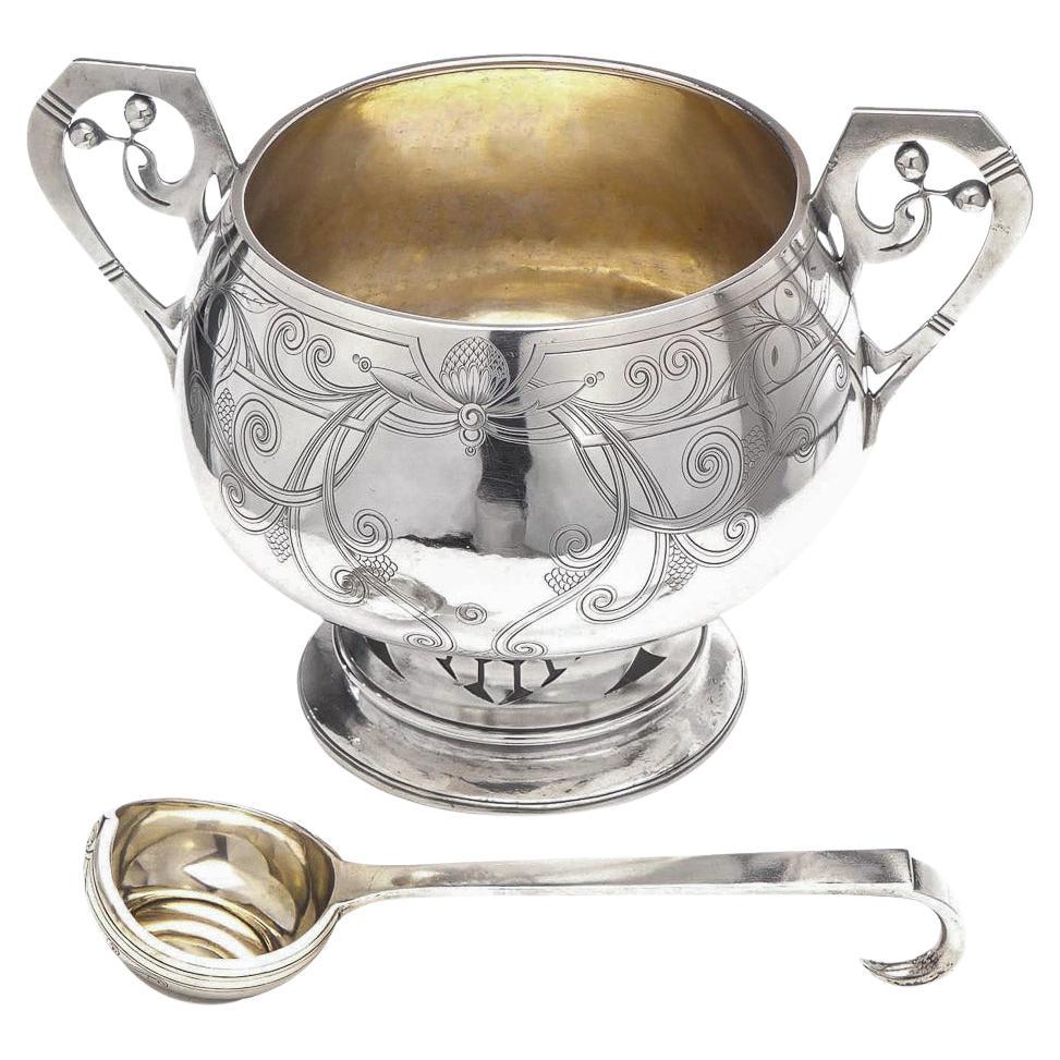 20th Century Russian Pan Slavic Solid Silver Punch Bowl & Ladle, Moscow, c.1900