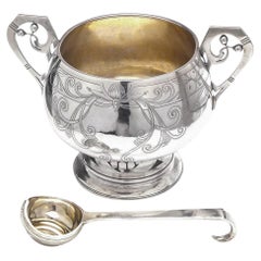 Vintage 20th Century Russian Pan Slavic Solid Silver Punch Bowl & Ladle, Moscow, c.1900