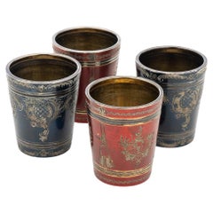 20th Century Russian Set Of Four Solid Silver & Lacquer Beakers, c.1900