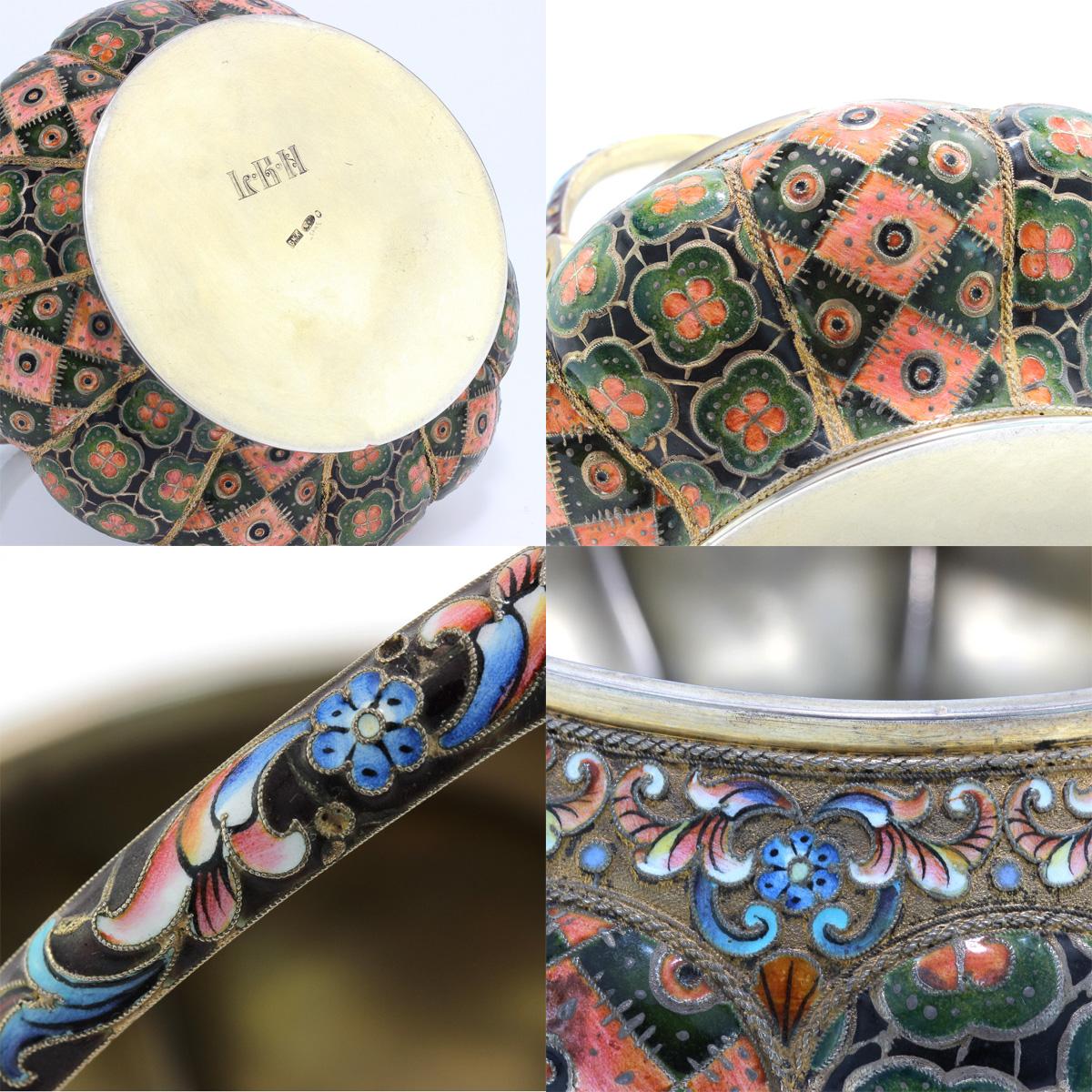 20th Century Russian Silver & Enamel Sugar Bowl & Cream Jug, 6th Artel, c.1910 4