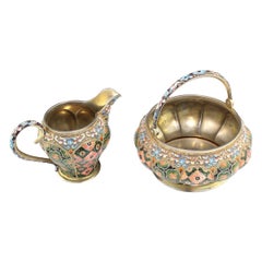 Vintage 20th Century Russian Silver & Enamel Sugar Bowl & Cream Jug, 6th Artel, c.1910