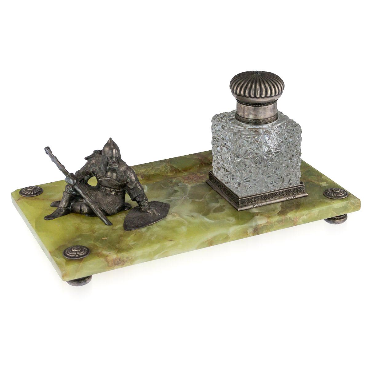 20th Century Russian Silver-Mounted on Green Marble Inkstand, circa 1900