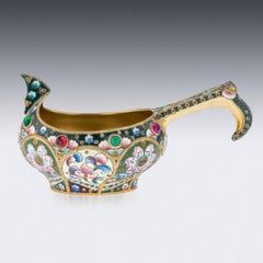 20th Century Russian Silver & Shaded Enamel Kovsh, Grigory Sbitnev Circa 1910