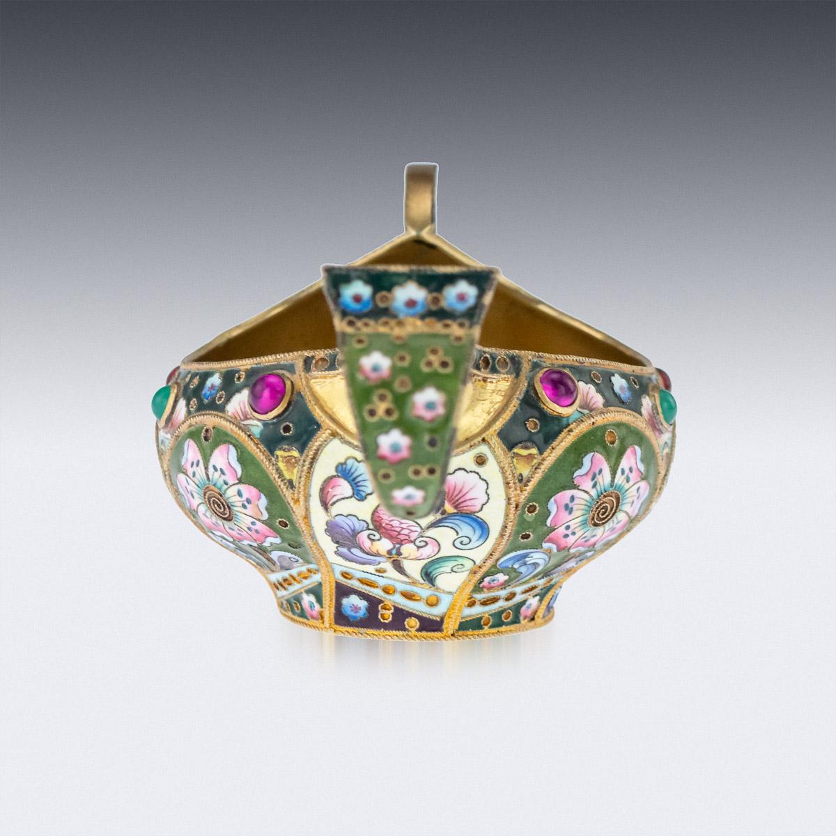 Gilt 20th Century Russian Silver & Shaded Enamel Kovsh, Grigory Sbitnev Circa 1910