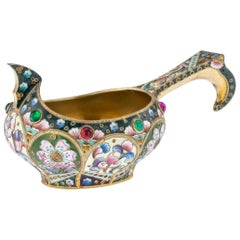 Vintage 20th Century Russian Silver & Shaded Enamel Kovsh, Grigory Sbitnev Circa 1910