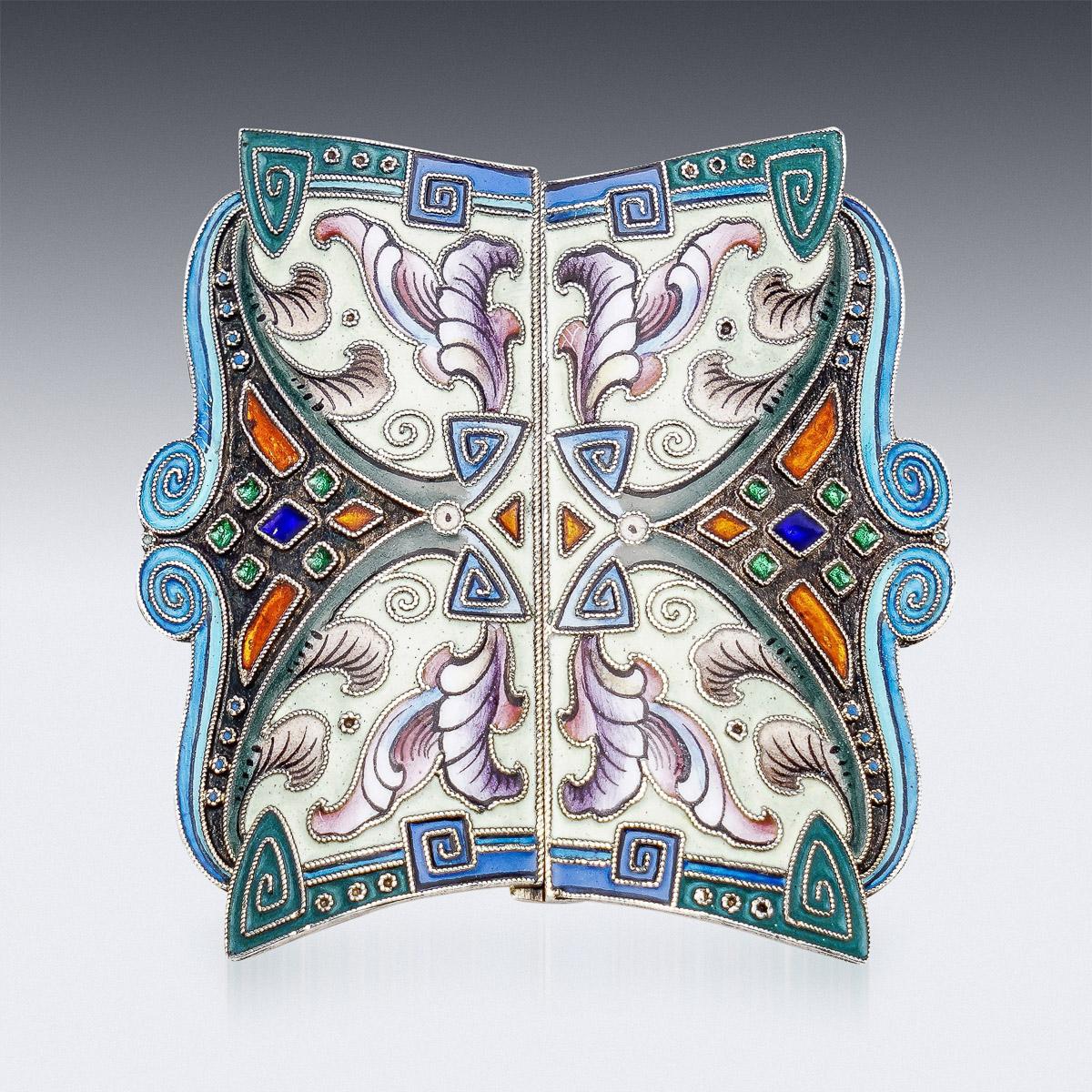 Antique 20th Century Russian solid silver & enamel belt buckle, decorated with multi-coloured cloisonne enamel. Hallmarked Russian silver 88 (915 standard), Moscow, Maker 6th Artel, Artels were cooperative associations of craftsmen that existed in