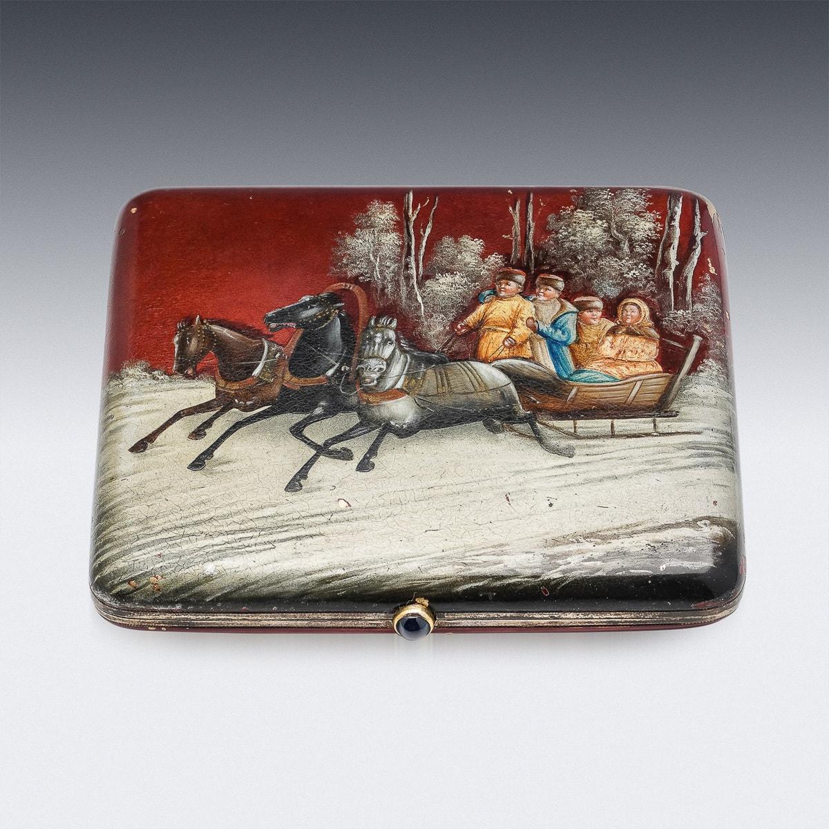 Antique early 20th Century Russian solid silver & hand painted lacquered cigarette case. Stunning quality, richly parcel gilt, the cover depicting a troika of horses pulling a sleigh with a family thought the snow covered forest. Very high quality