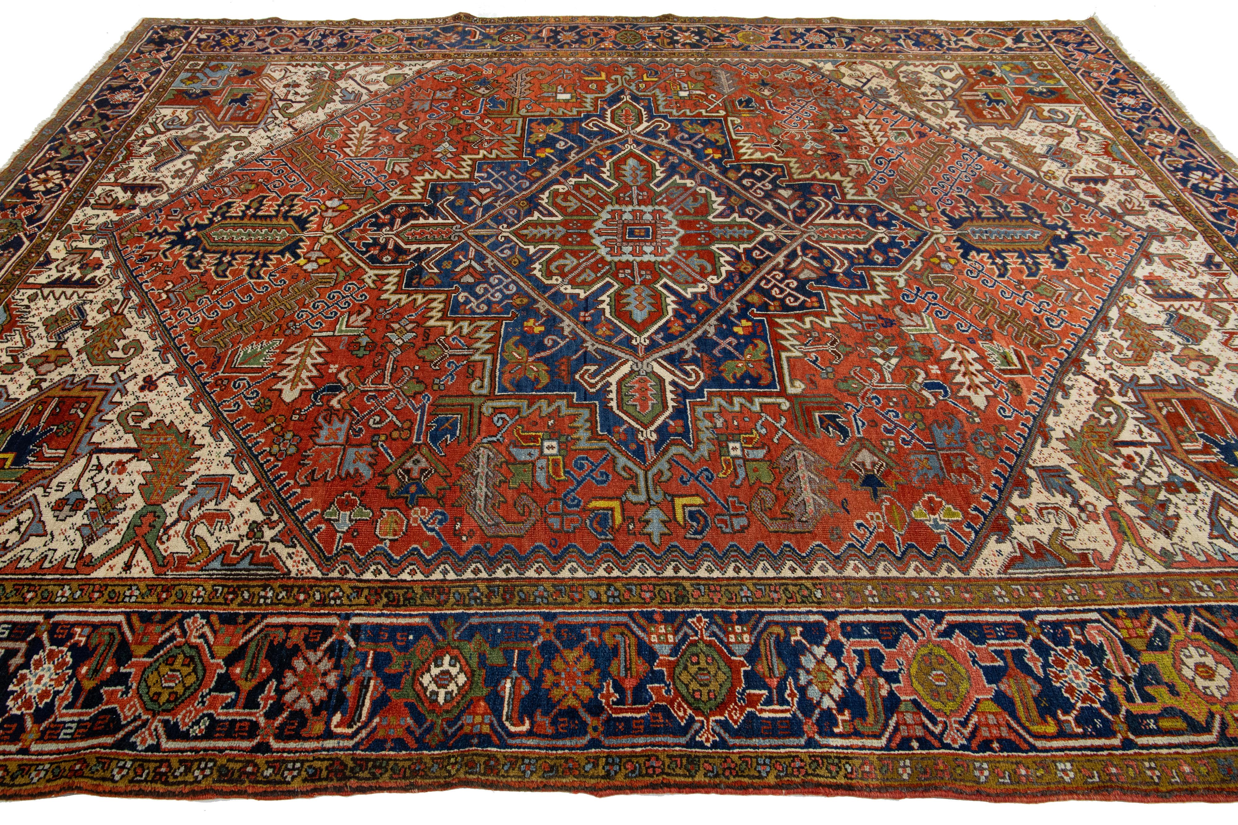 20th Century Rust Antique Heriz Wool Rug Handmade With Medallion Motif In Excellent Condition For Sale In Norwalk, CT