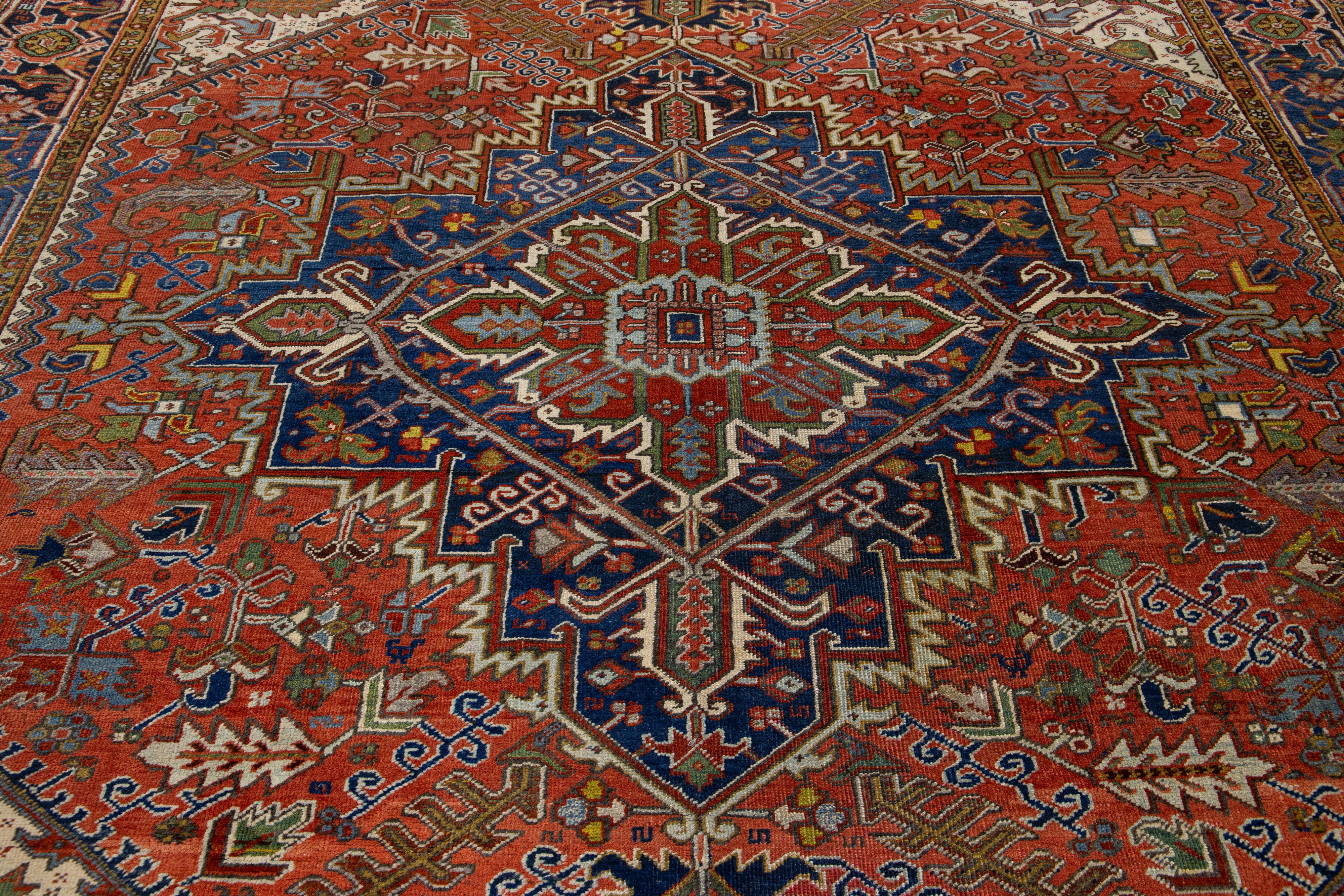 20th Century Rust Antique Heriz Wool Rug Handmade With Medallion Motif For Sale 2