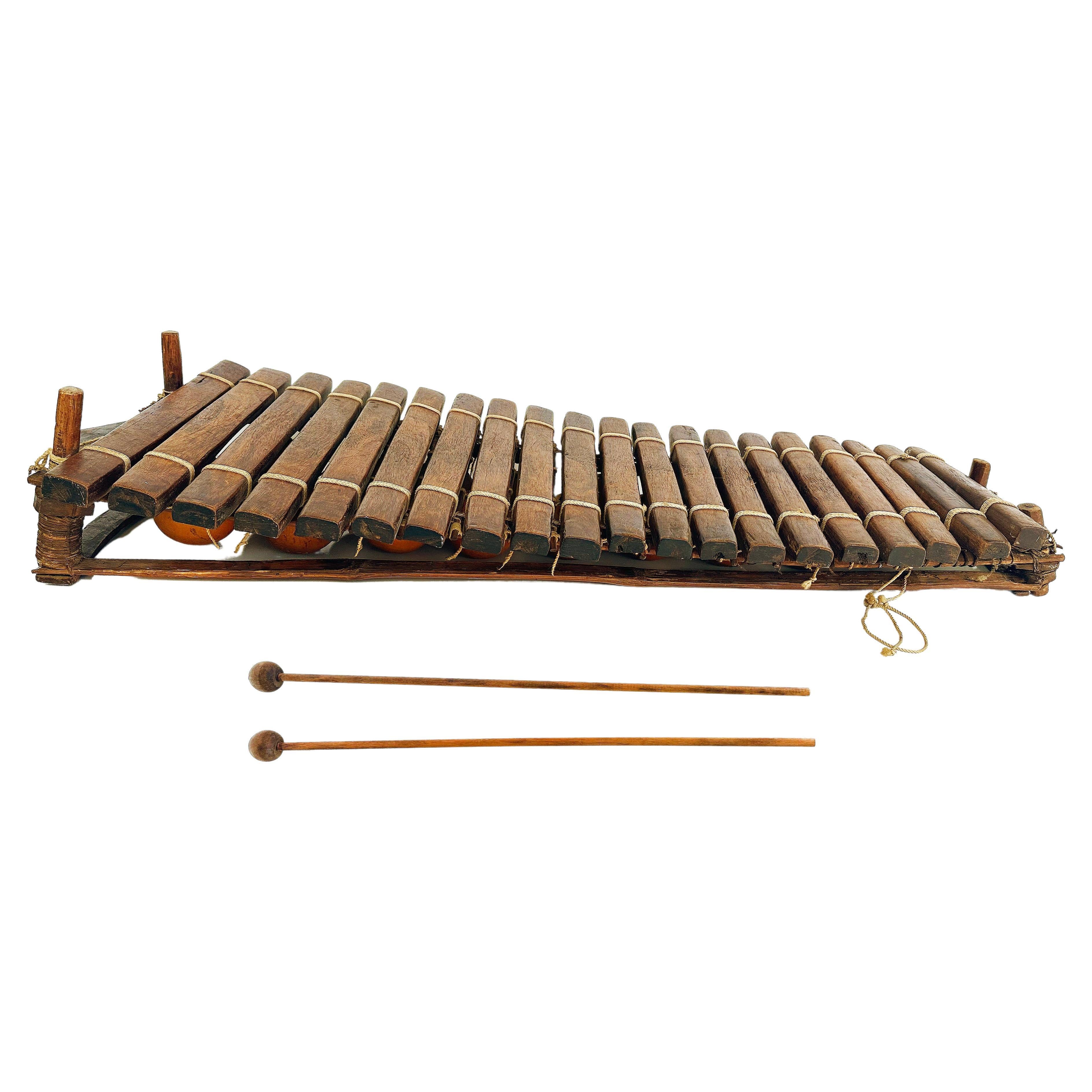 20th Century Rustic African Xylophone with Wood, Gourds, Rope and Mallets For Sale