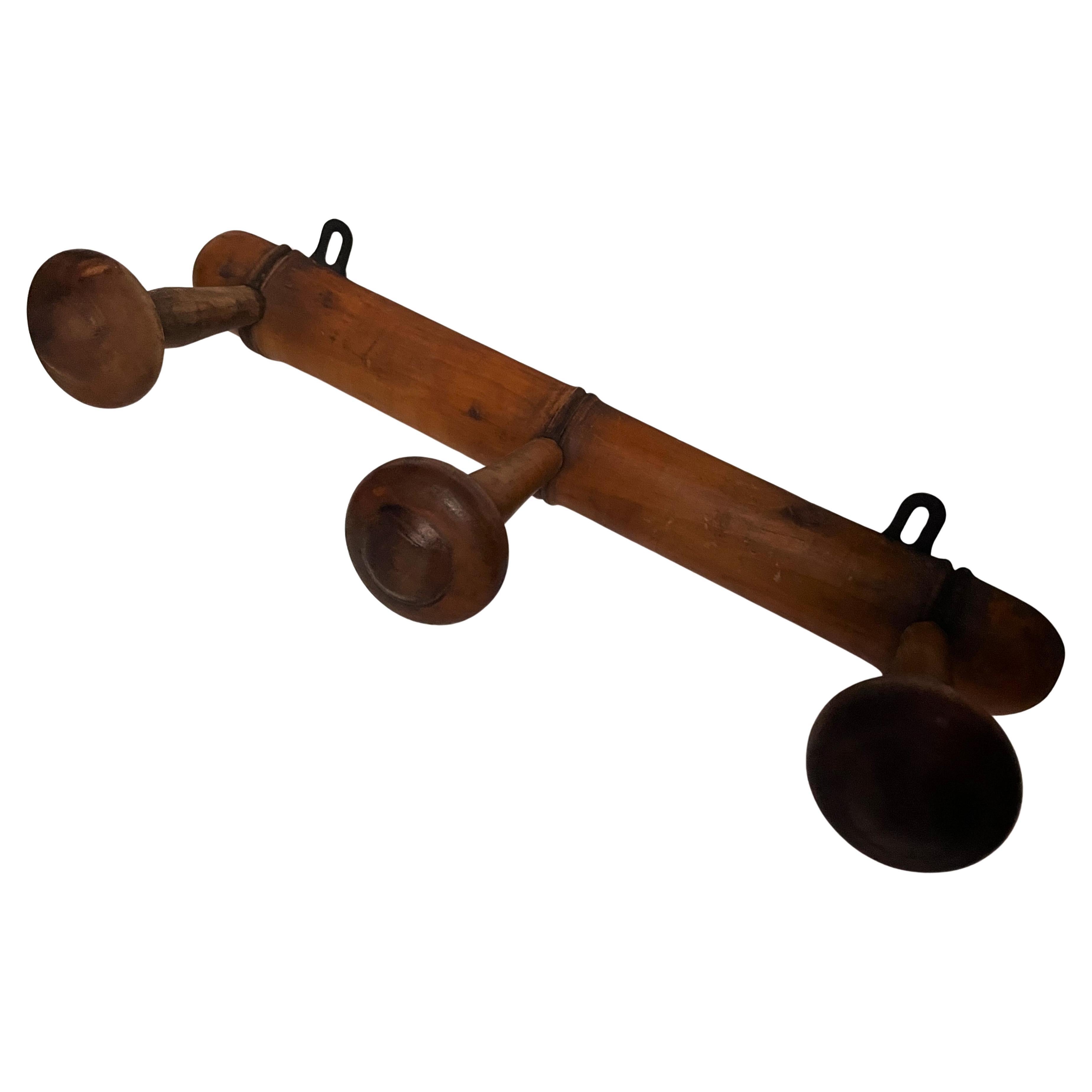 20th Century Rustic French Faux Bamboo Carved 3 peg Wall Mount Coat/Hat Rack