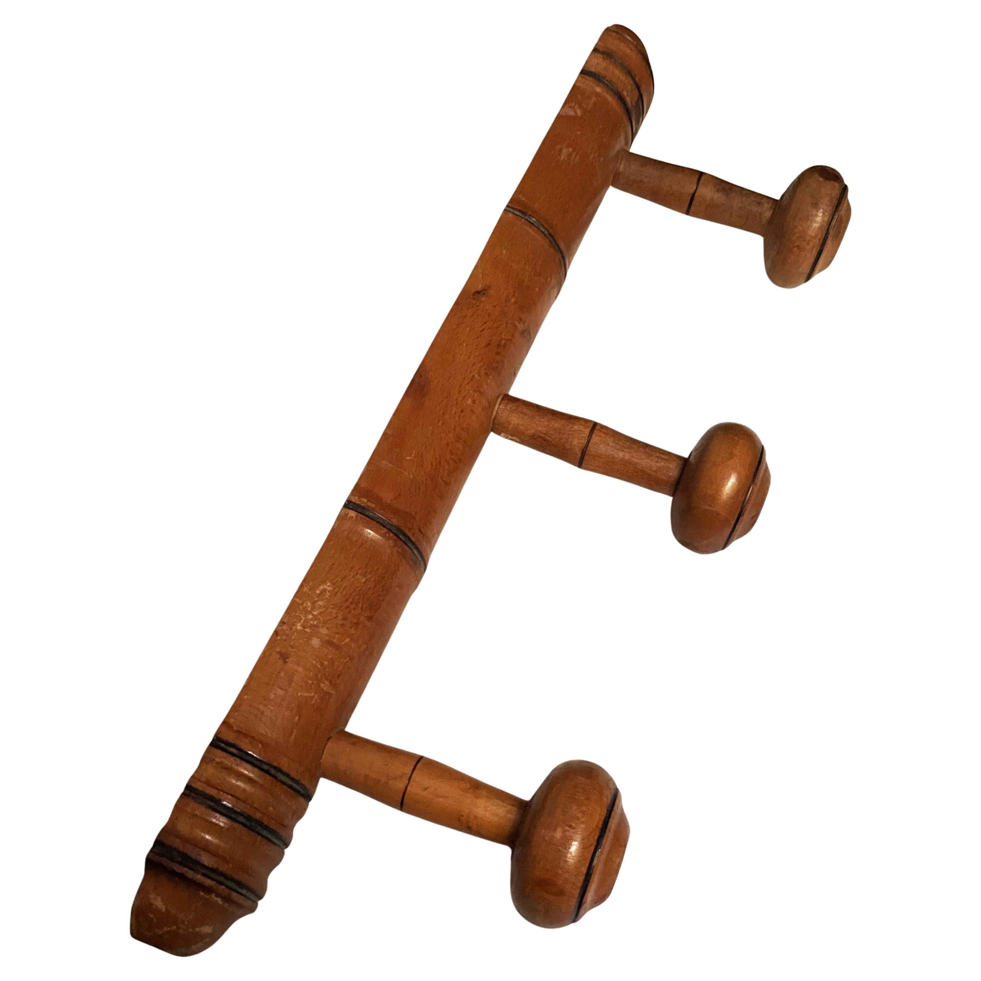 20th Century Rustic French Faux Bamboo Carved 3 peg Wall Mount Coat/Hat Rack