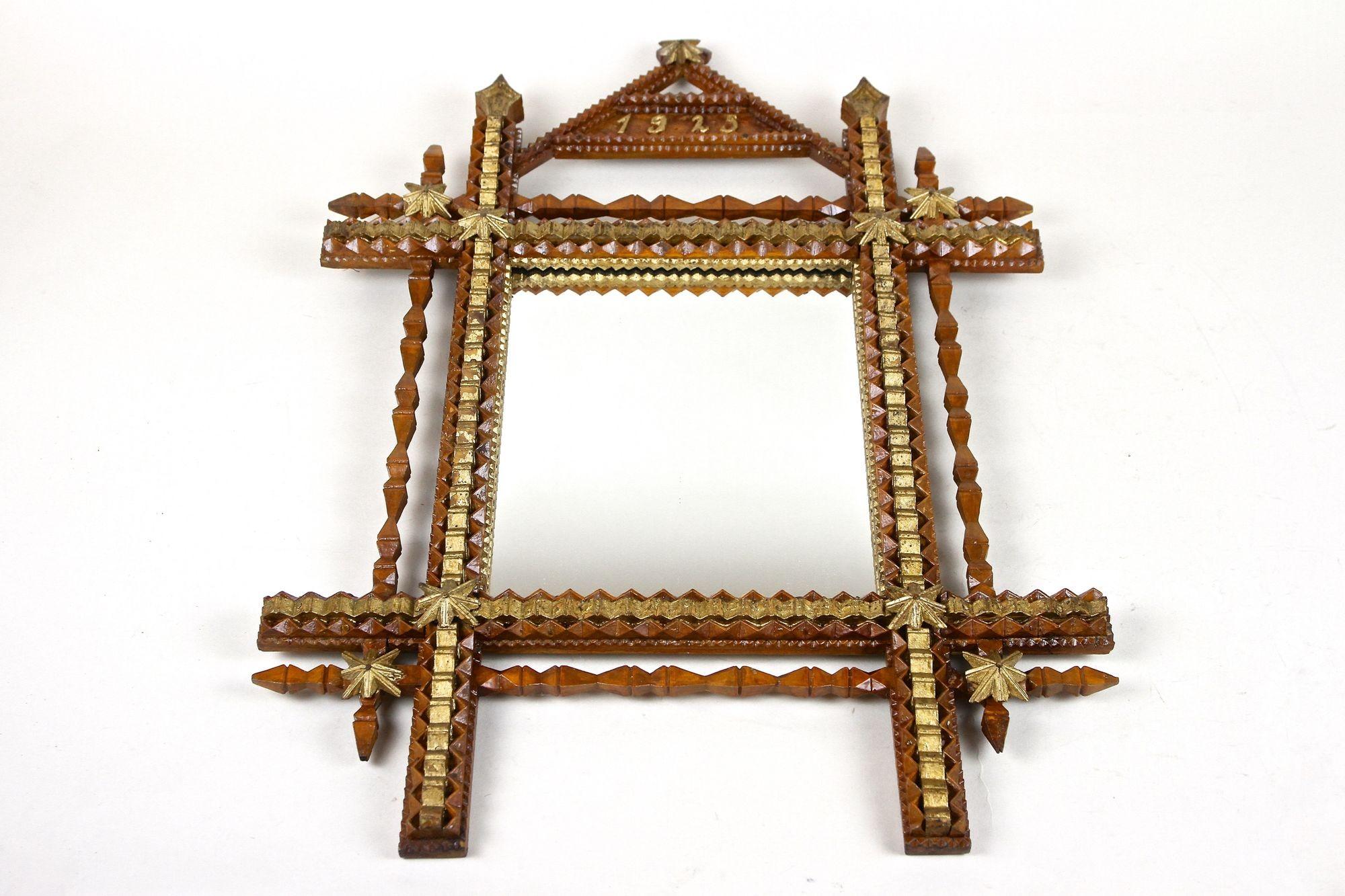 20th Century Rustic Tramp Art Wall Mirror with Gilt Parts, Austria, Dated 1925 For Sale 5