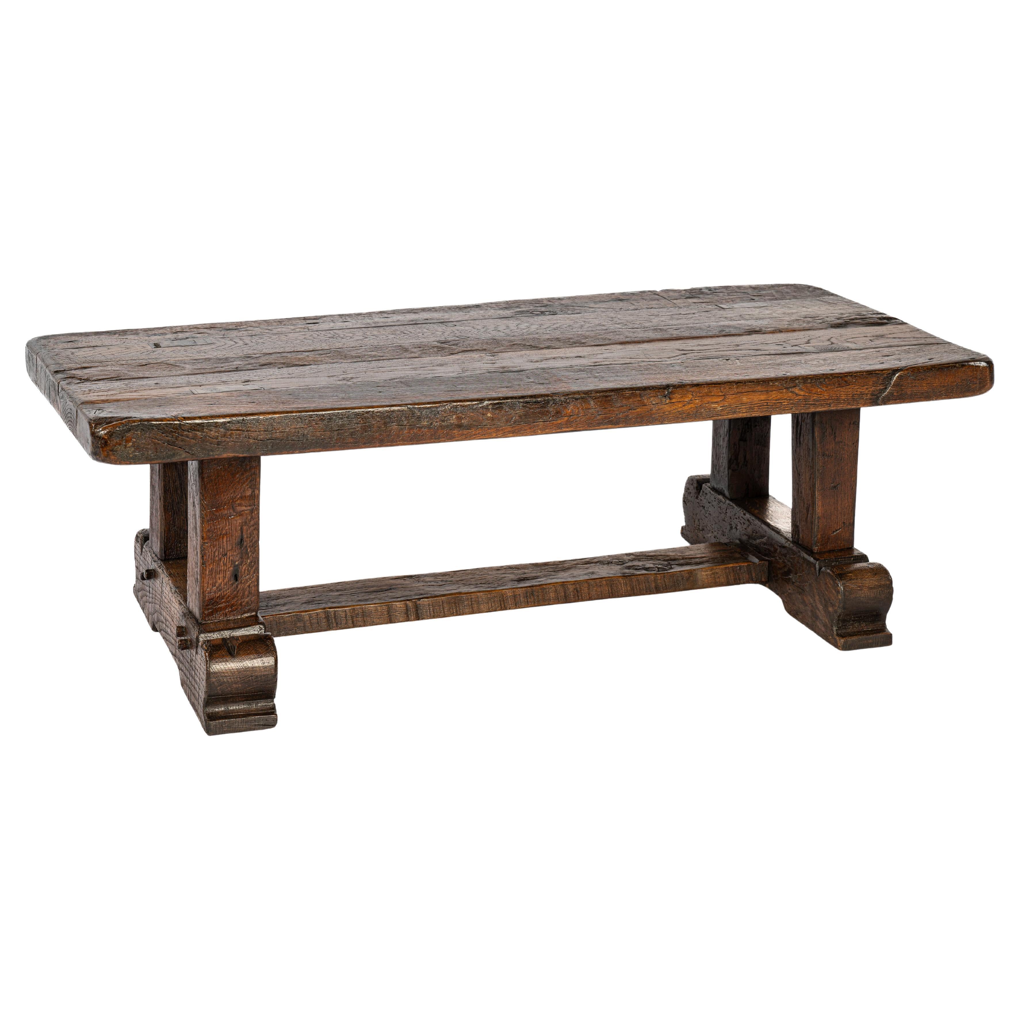 20th  century Rustic Warm Brown Reclaimed Oak Trestle Base Coffee Table