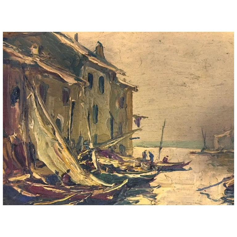 Marine, un petit port avec des voiliers à l'huile sur panneau de dimension 13 cm par 18,5 cm par J. Hurard (1887-1956). 

Hurard est né à Avignon en 1887, il a d'abord travaillé dans une pharmacie. Vendant des tissus et des couleurs aux artistes