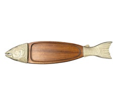20. Jahrhundert Lachs Fisch Chrom Metall und Holz Tablett Teller Platte, Vintage 1970er