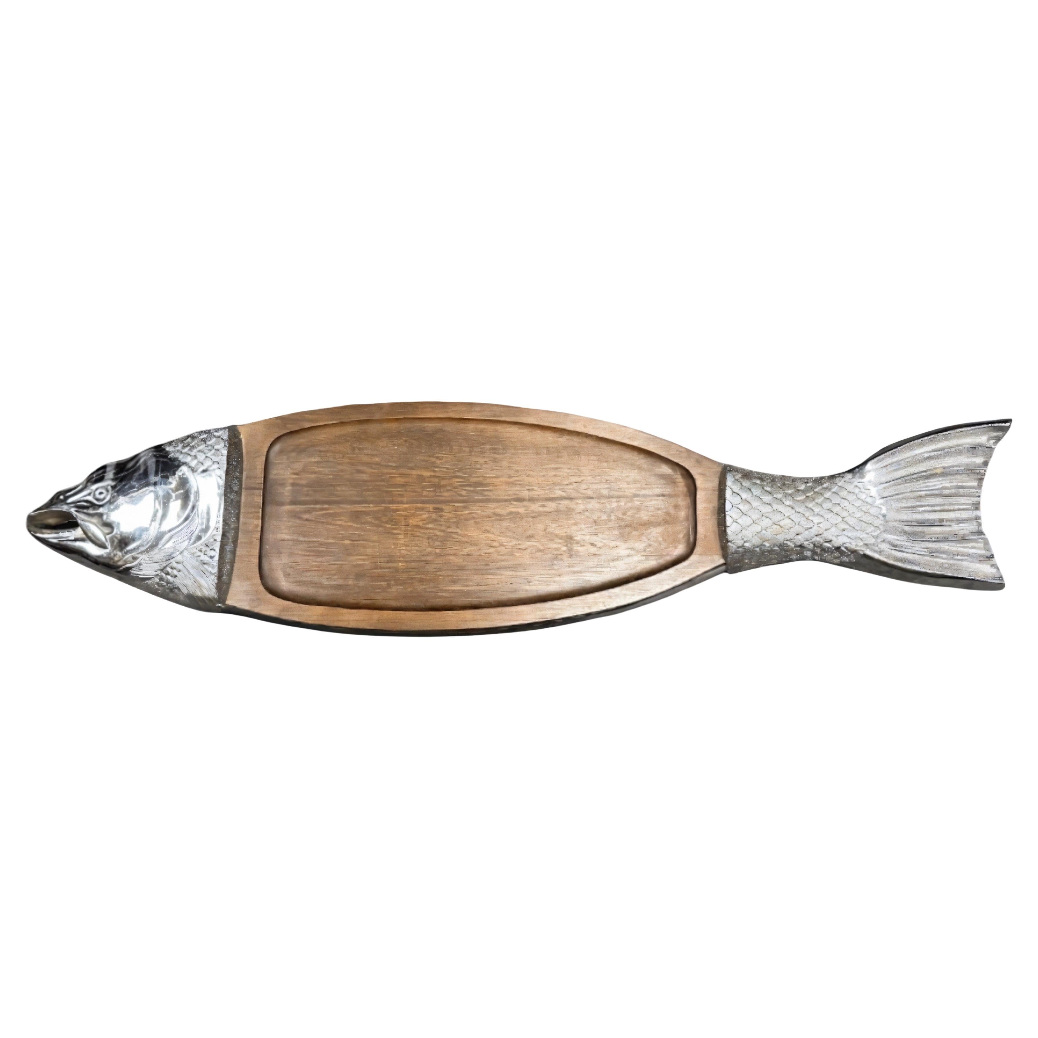 20. Jahrhundert Lachs Fisch Chrom Metall und Holz Tablett Teller Platte, Vintage 1970er im Angebot