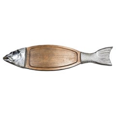 20th Century Salmon Fish Chrome Metal and Wood Tray Plate Platter, Vintage 1970s