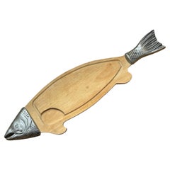 20th Century Salmon Wood & Metal Cutting Board Plate Tray Plater Vintage German