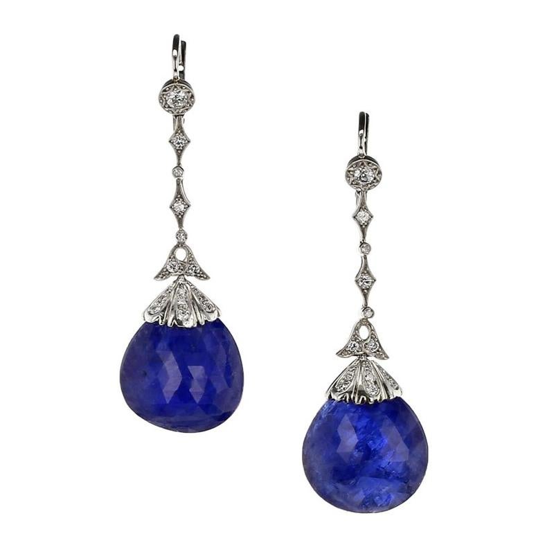 Mixed Cut 20th Century Sapphire Diamond Gold Platinum Earrings For Sale