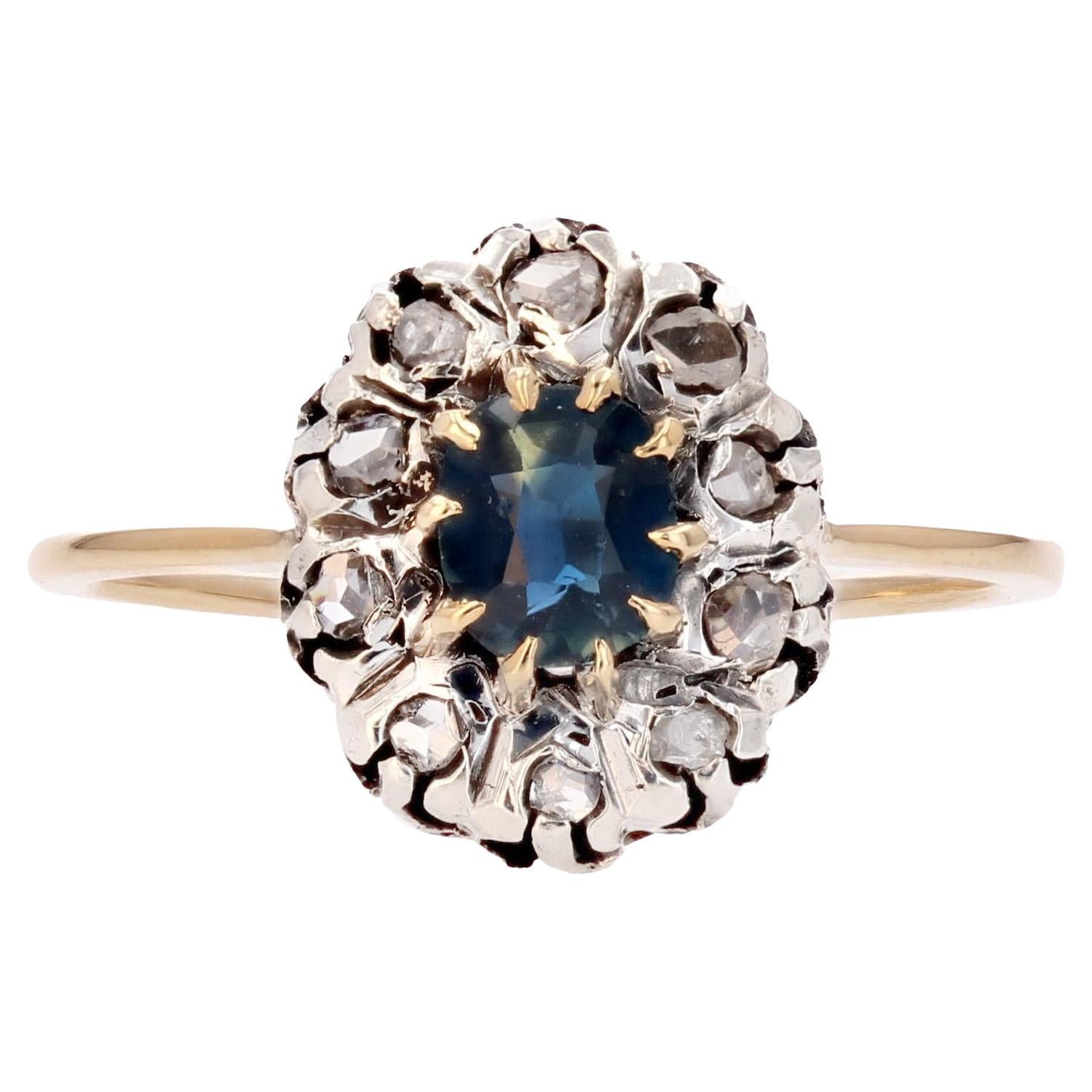 20th Century Sapphire Diamonds 18 Karat Yellow Gold Cluster Ring For Sale