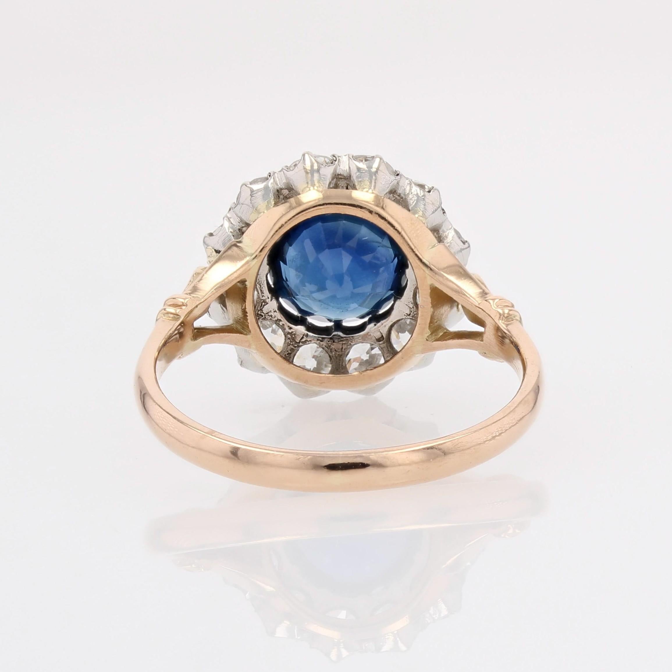 Anello a margherita in oro giallo 18 carati e platino con zaffiro e diamanti del XX secolo in vendita 11