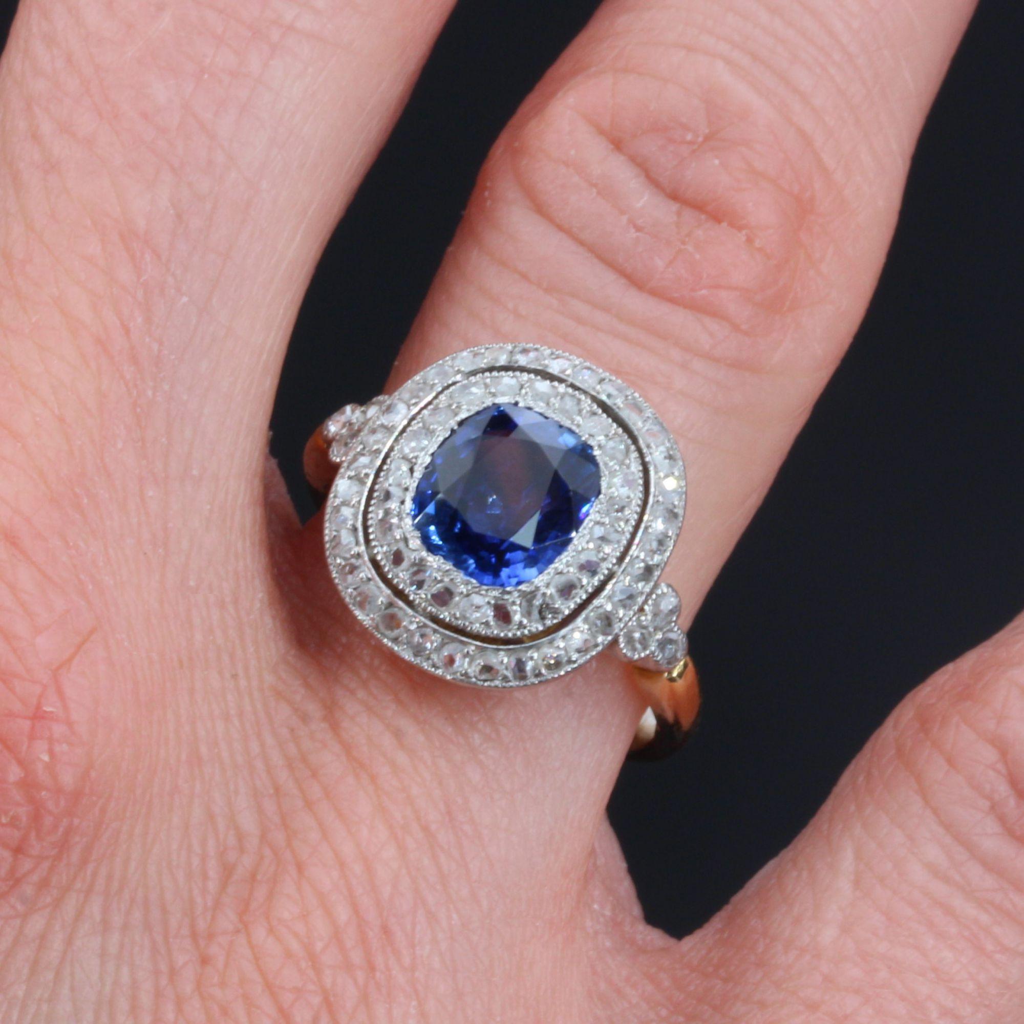 20th Century Sapphire Double Row Diamonds 18 Karat Yellow Gold Ring In Good Condition For Sale In Poitiers, FR