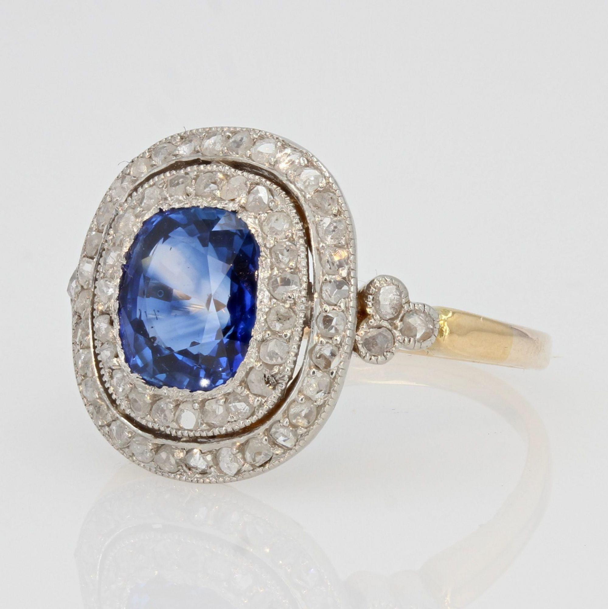 Women's 20th Century Sapphire Double Row Diamonds 18 Karat Yellow Gold Ring For Sale