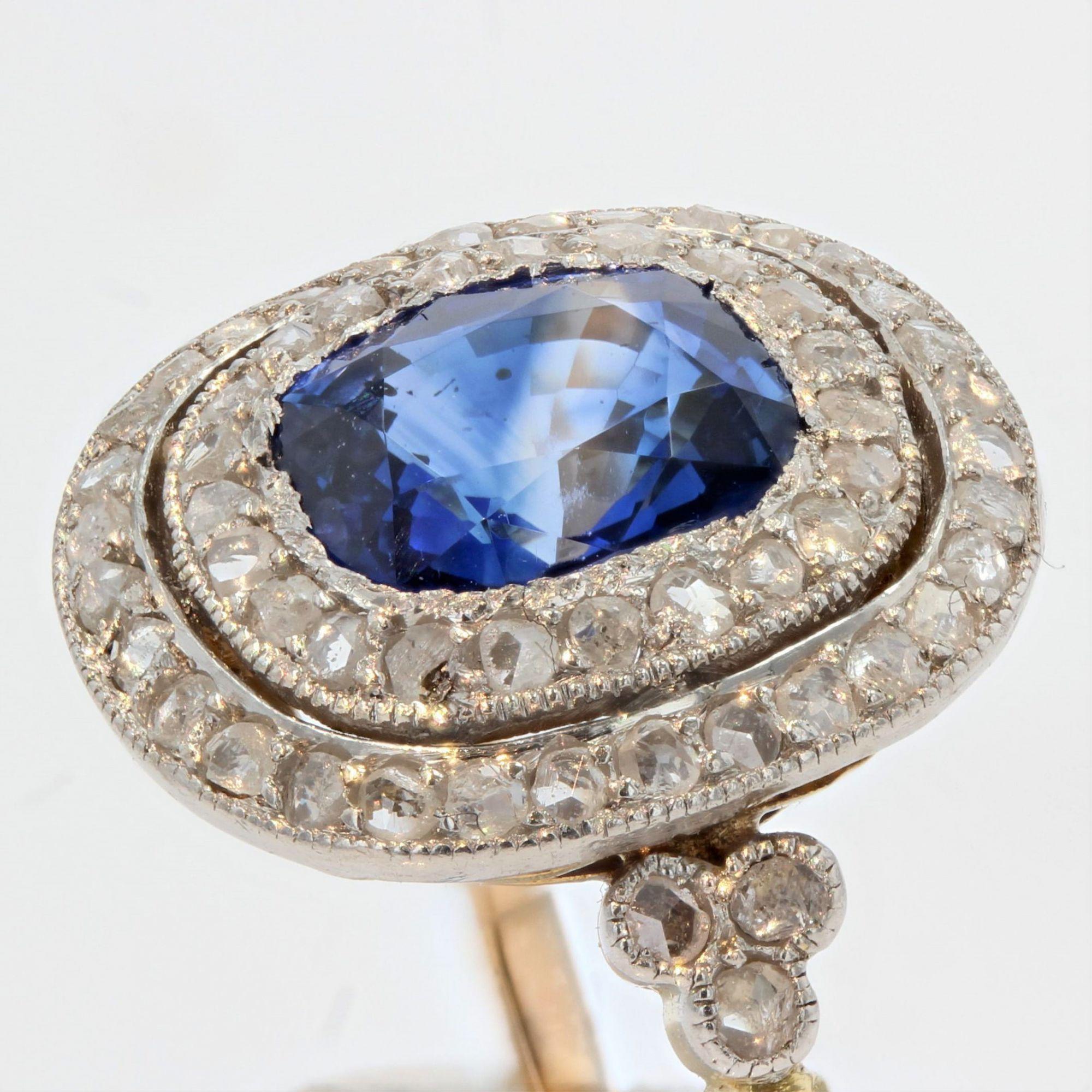 20th Century Sapphire Double Row Diamonds 18 Karat Yellow Gold Ring For Sale 1