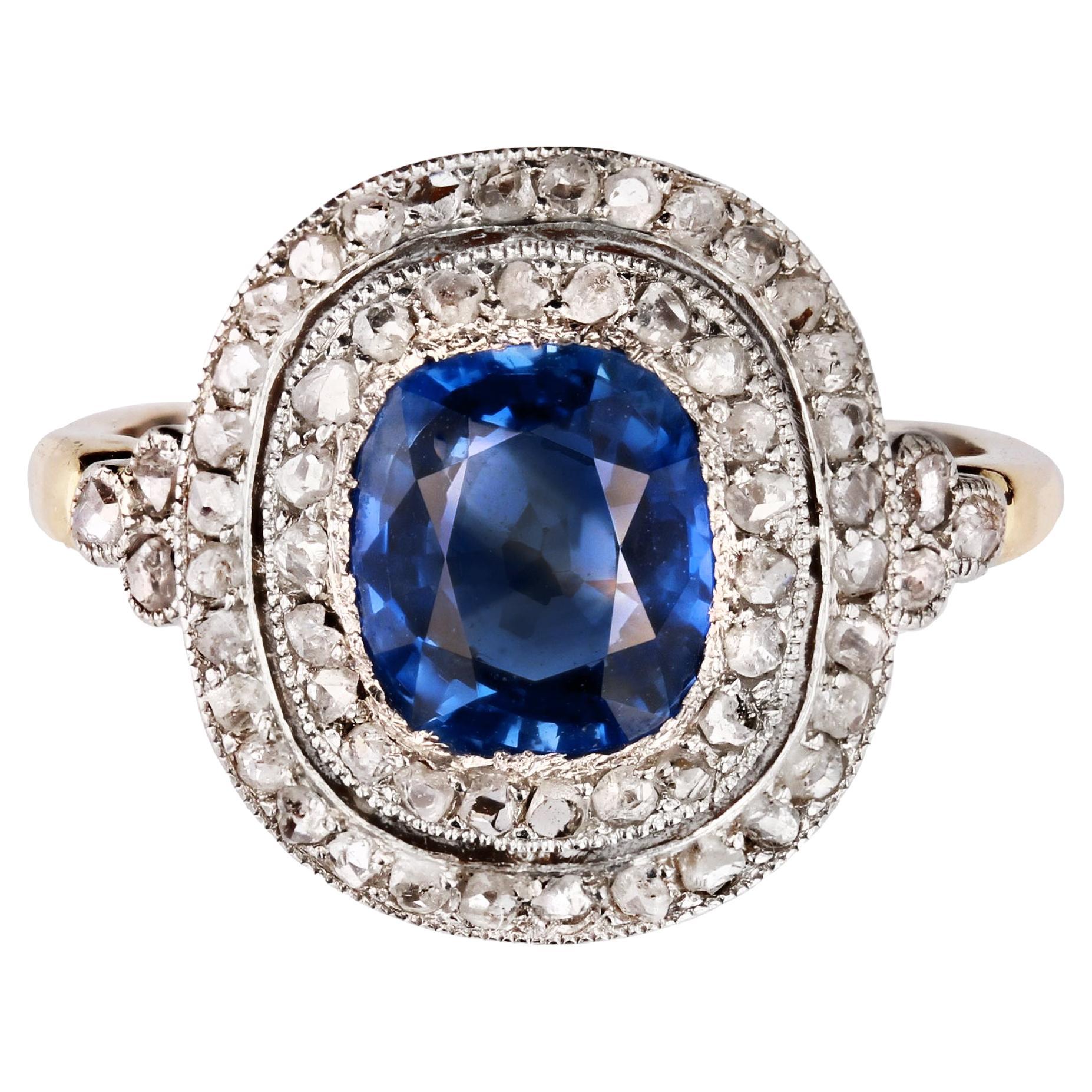 20th Century Sapphire Double Row Diamonds 18 Karat Yellow Gold Ring For Sale
