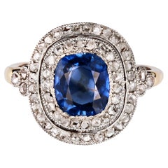 Antique 20th Century Sapphire Double Row Diamonds 18 Karat Yellow Gold Ring