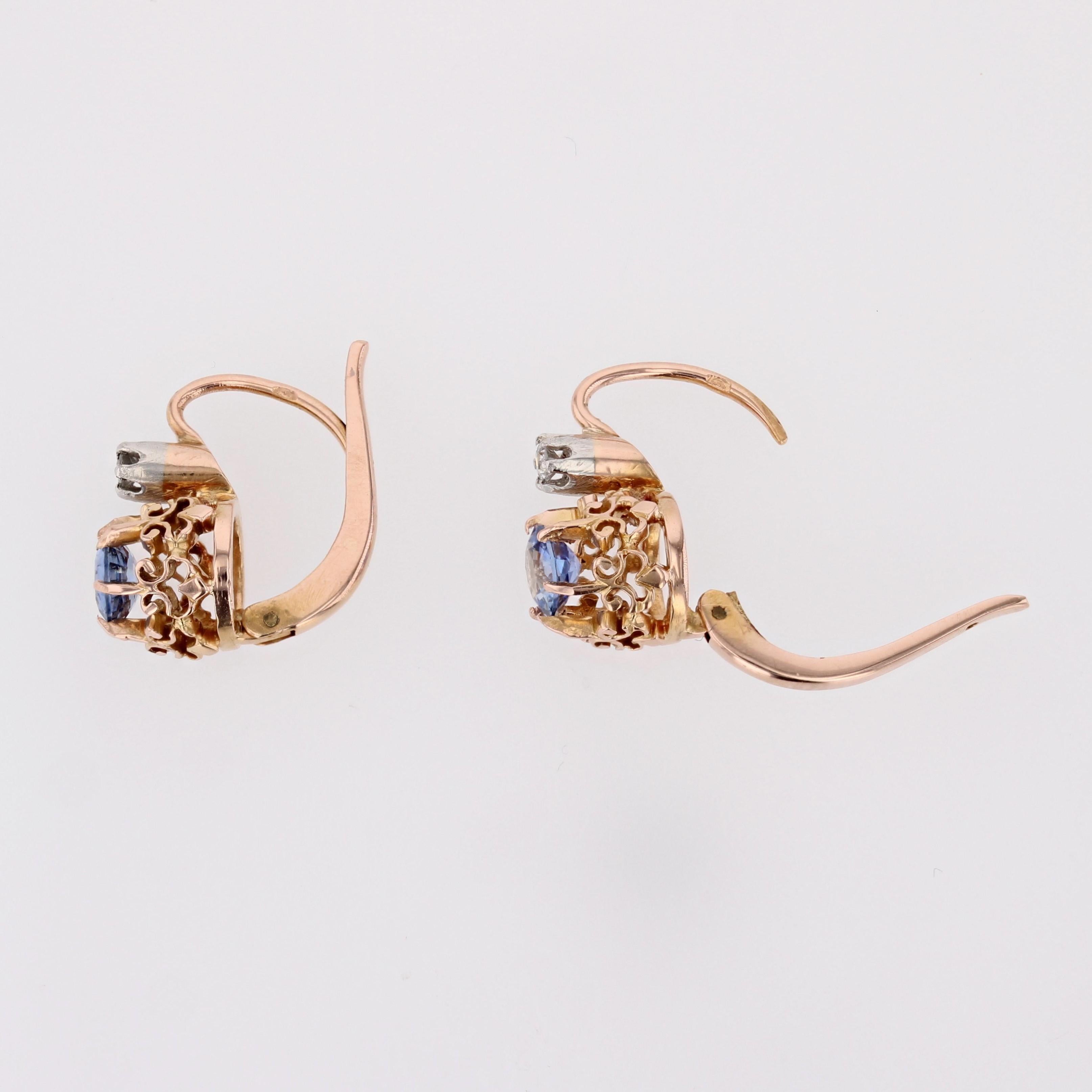 20th Century Sapphires Diamonds 18 Karat Rose Gold Platinum Lever-Back Earrings For Sale 4