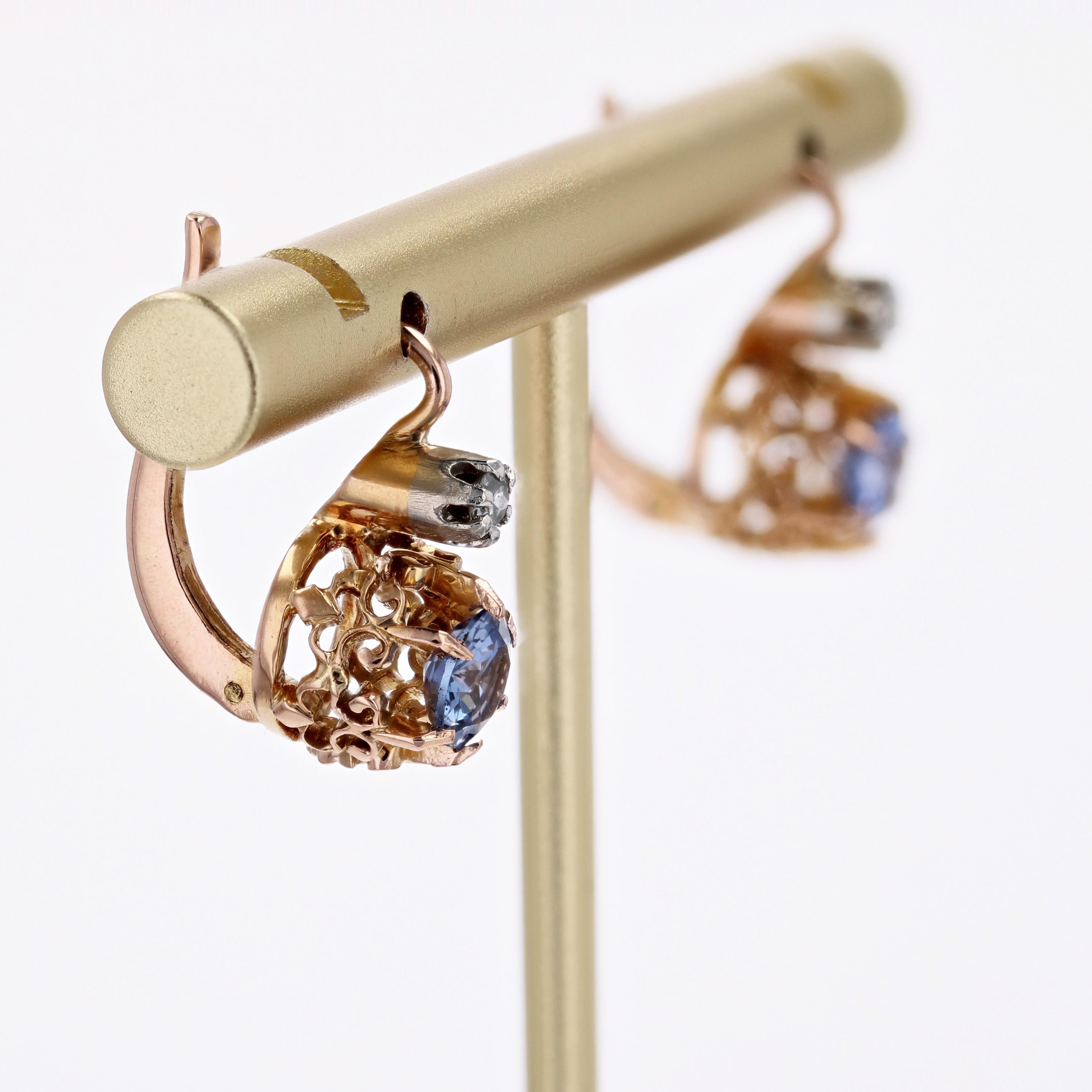 Women's 20th Century Sapphires Diamonds 18 Karat Rose Gold Platinum Lever-Back Earrings For Sale